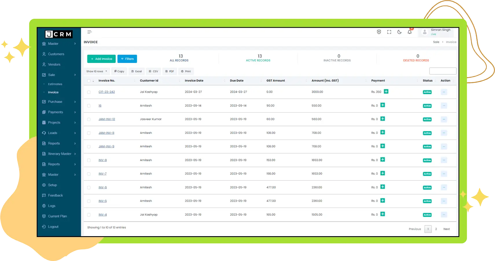 Snapshot of crm displaying invoices